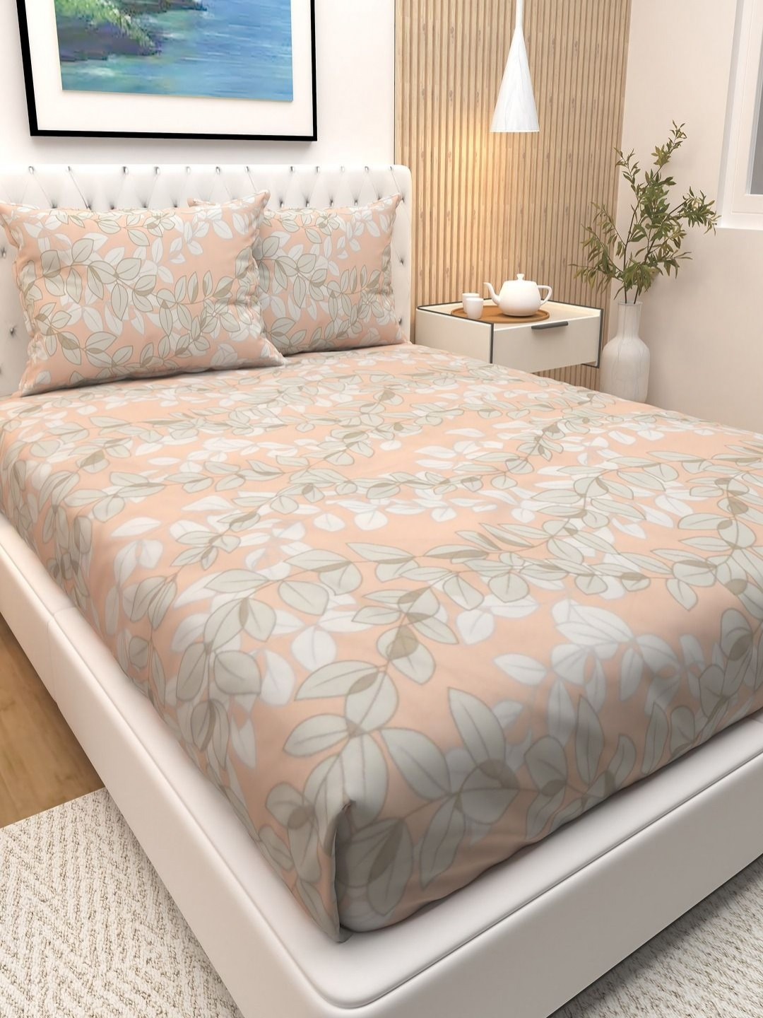 Athom Living Premium Leaves Designed Peach Floral Cotton 180 TC Queen Bedsheet with 2 Pillow Covers-88 x 88 inches
