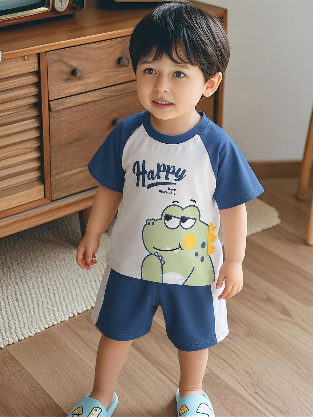 INCLUD Boys Dinosaur Printed Round Neck T-shirt With Shorts