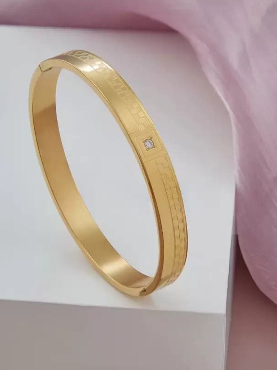 PRIMERIEA Men Stainless Steel Gold-Plated American Diamond Studded Bangle-Style Bracelet