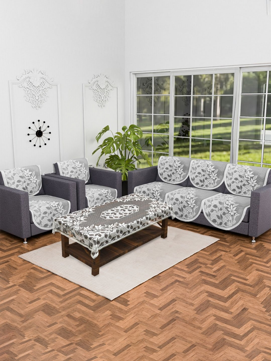 Myntra Elegant Homes Grey & White 11 Pcs Printed Cotton 5 Seater Sofa & Center Table Cover