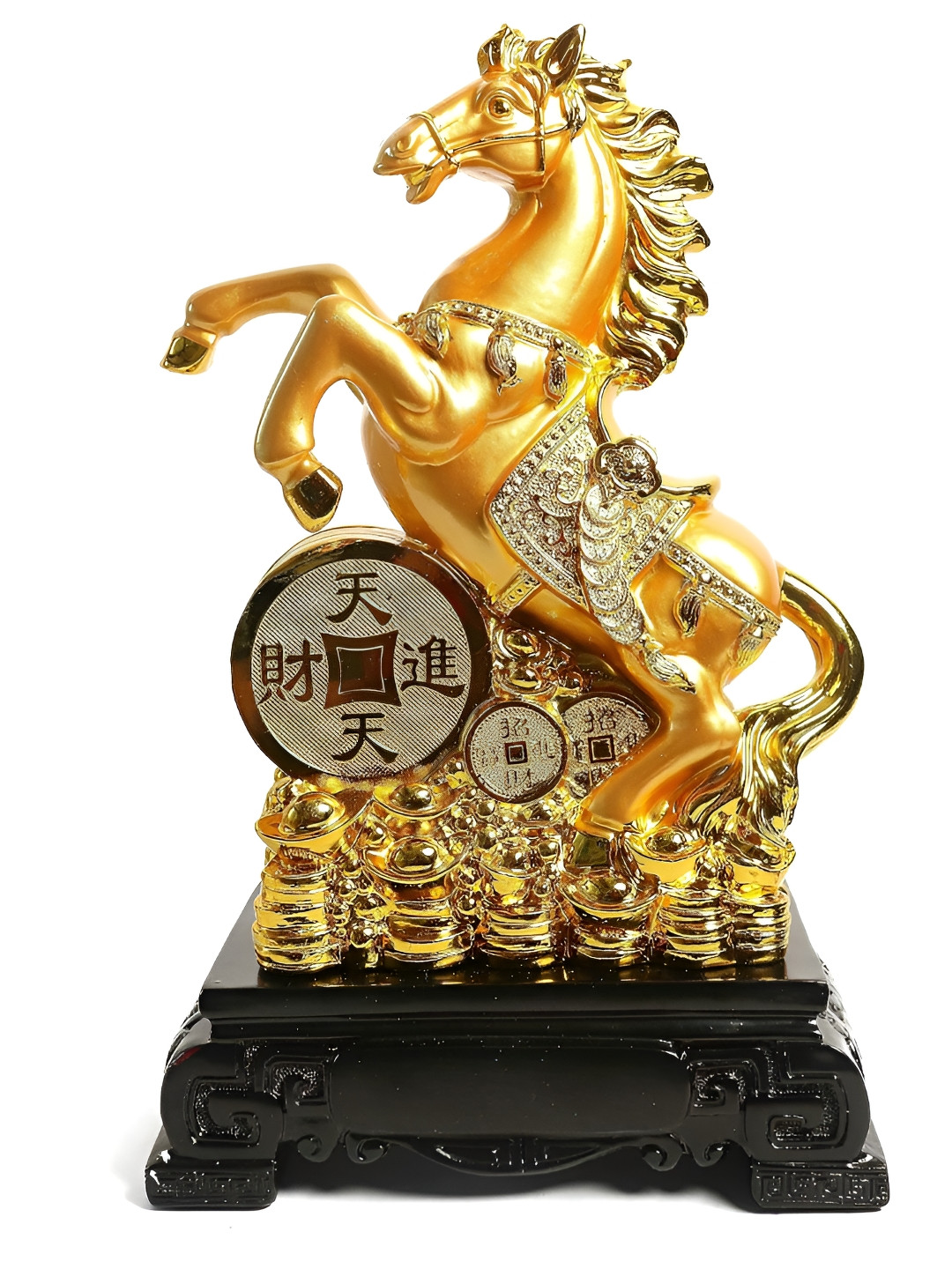 The Spiritual Living Horse with Uplifted Legs Base and Coins Gold Polyresin Natural Living Room Large Showpiece - 11 Inches