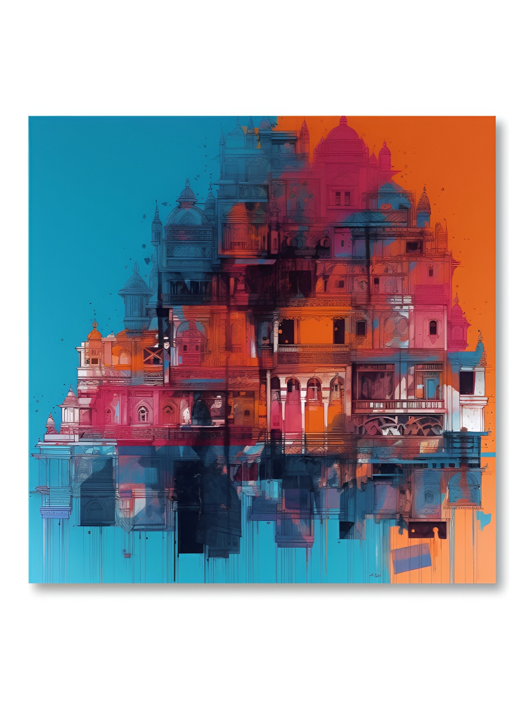 Aura Blue & Red Building Printed Canvas Wall Painting