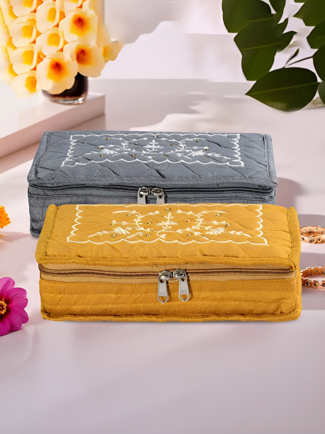 Aura Grey and Yellow 2 Pieces Embroidered 7-Compartments Jewellery Organisers