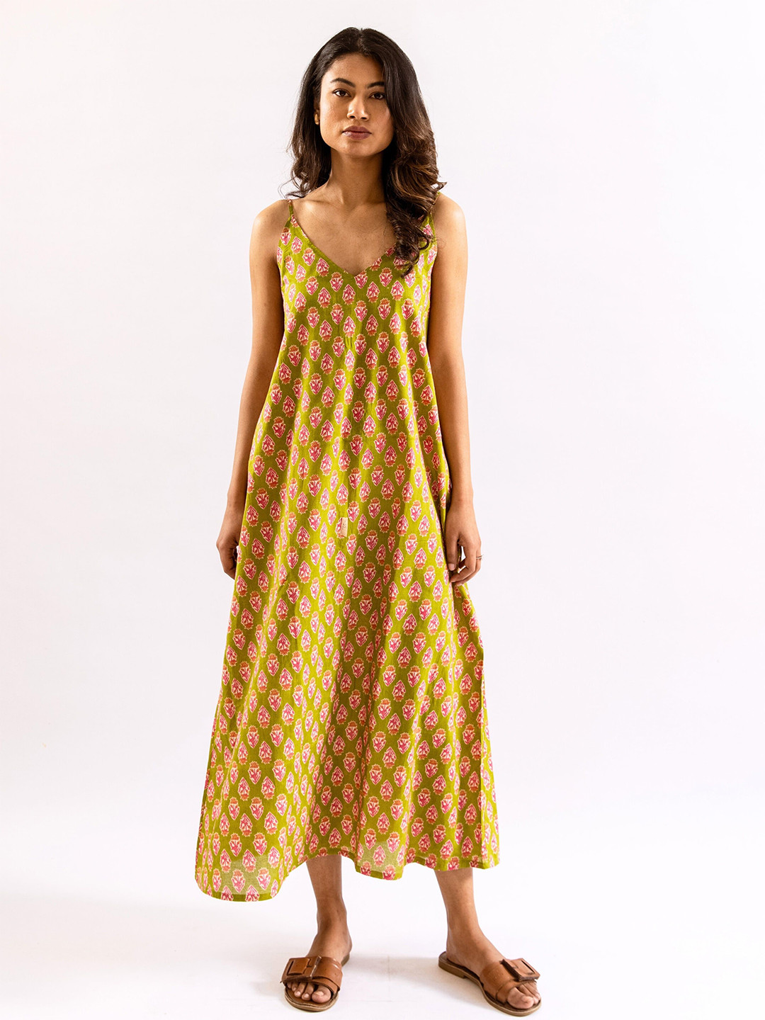 FEATHERS CLOSET Printed Lime Green Mist Bloom Pure Cotton Maxi Nightdress