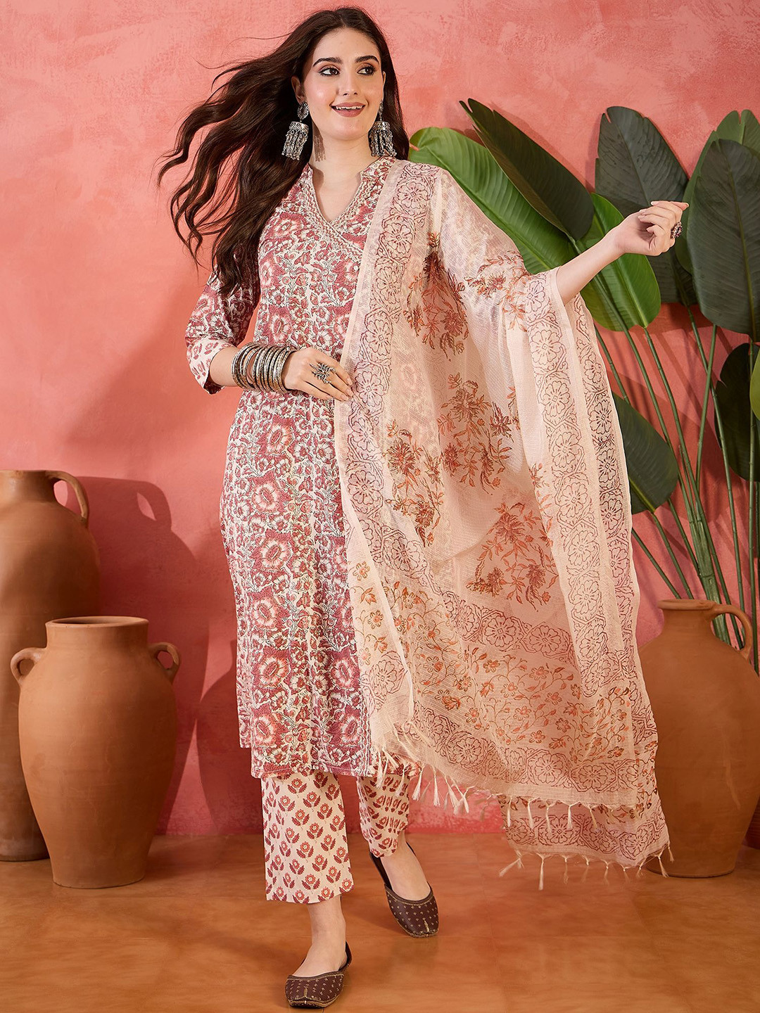 Sangria Floral Printed A Line Mandarin Collar Neck Kurta With Trouser & Dupatta