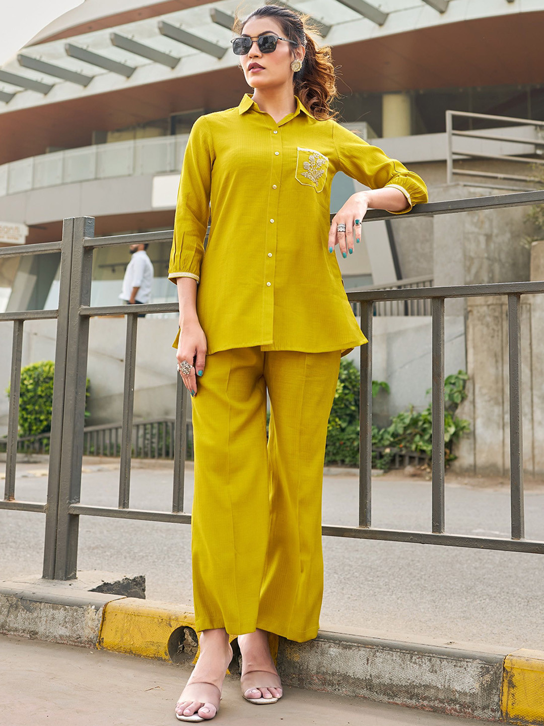 VIBE VISION Embellished Three-Quarter Sleeves Pure Silk Shirt With Trouser