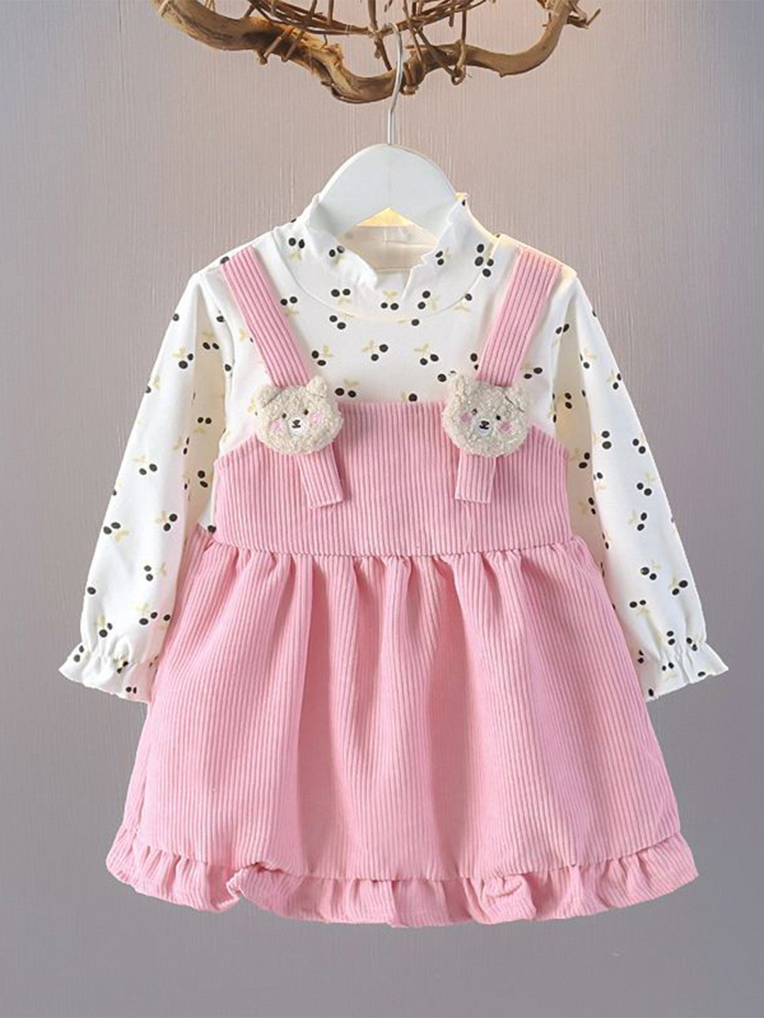 YK Girls Printed Applique Bell Sleeves Pinafore Dress