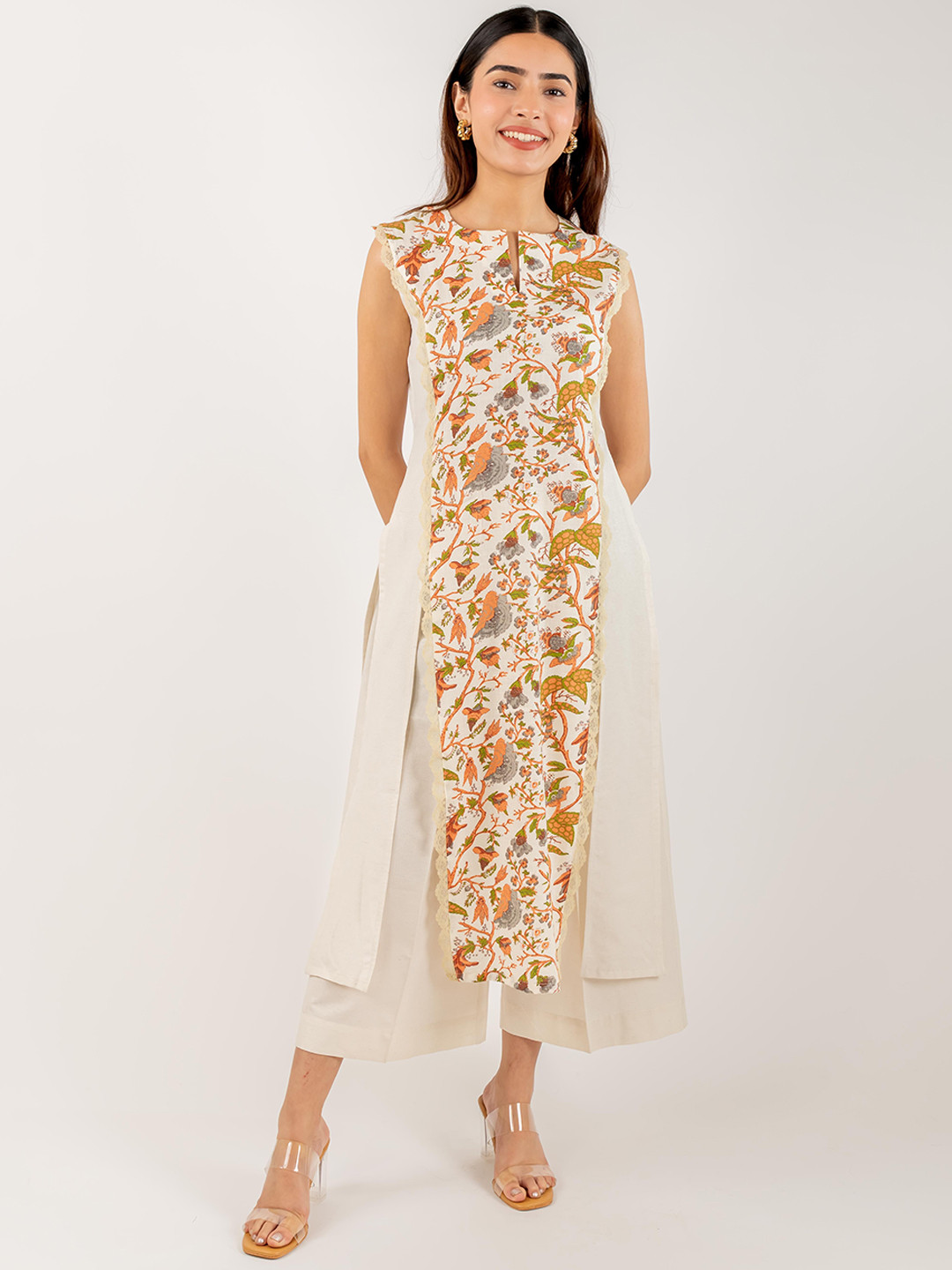 MONOMEE Floral Printed Panelled Pure Cotton Straight Kurta With Palazzos