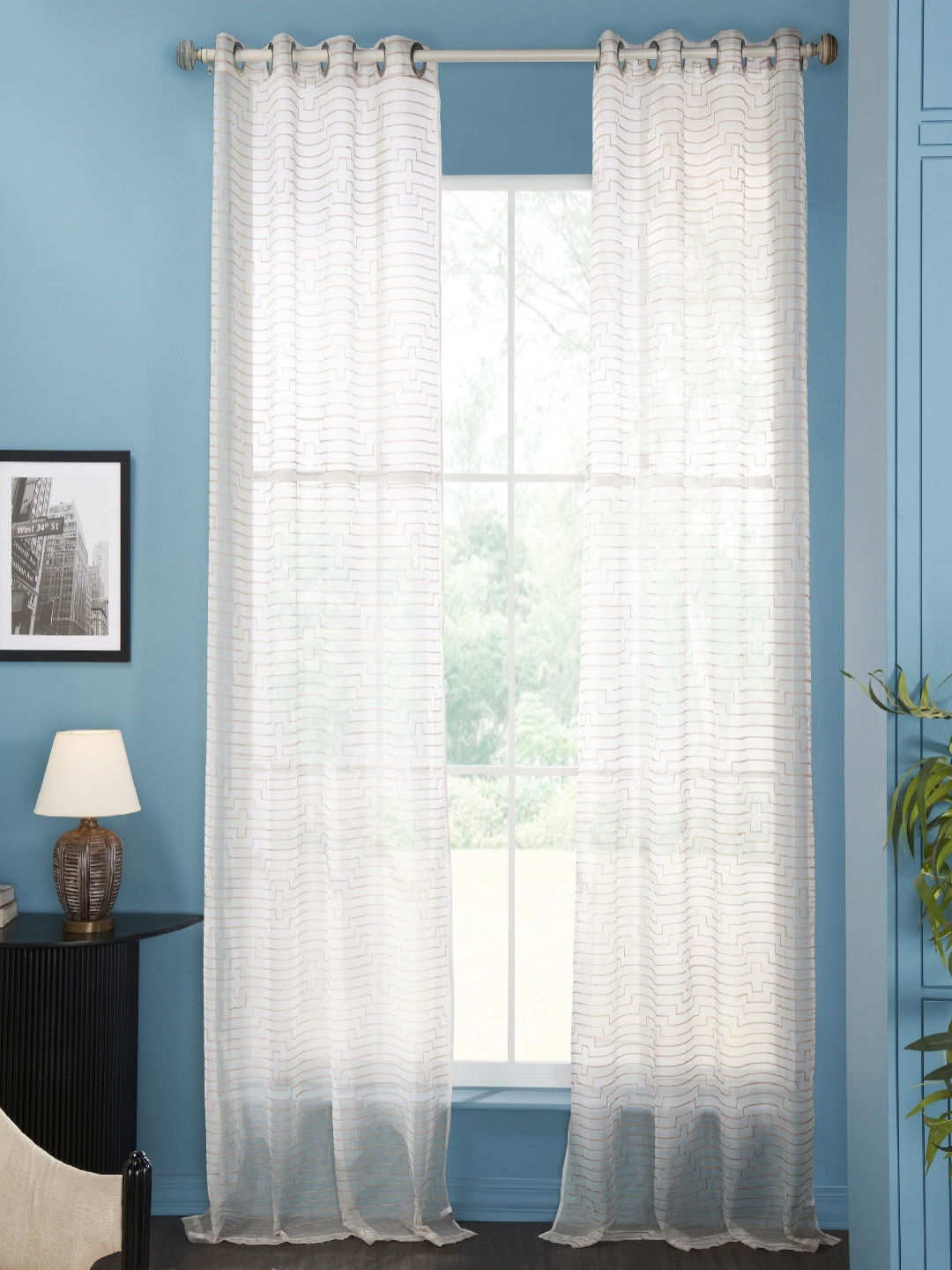 Deco Window Beige & Off White 2 Pieces Geometric Shaped Sheer Door Curtains