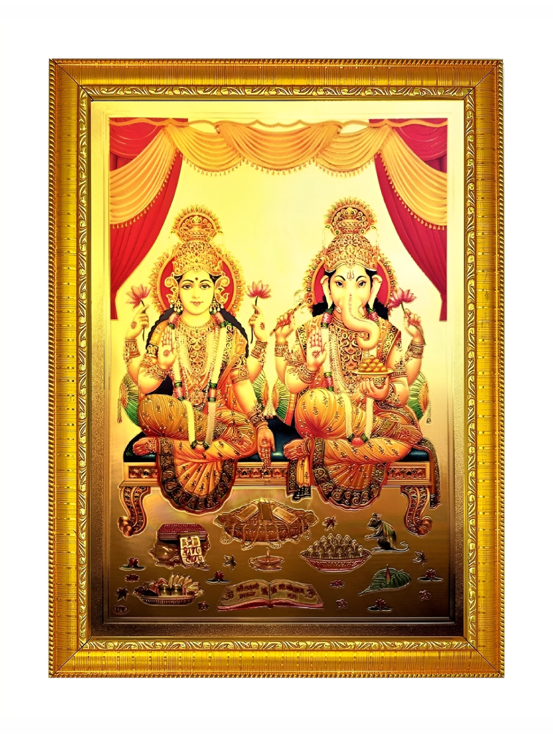 ADA Handicraft Gold-Toned & Green Lakshmi Ganesh Wooden Wall Photo Frame
