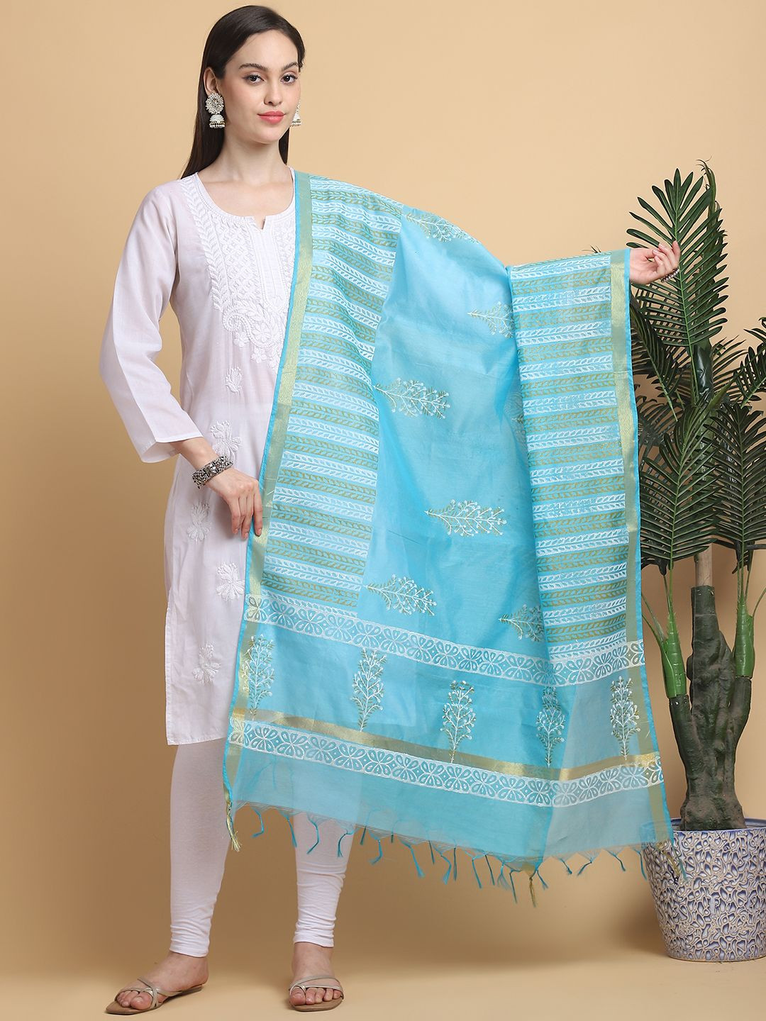 LOOM LEGACY Floral Printed Block Print Chanderi Dupatta