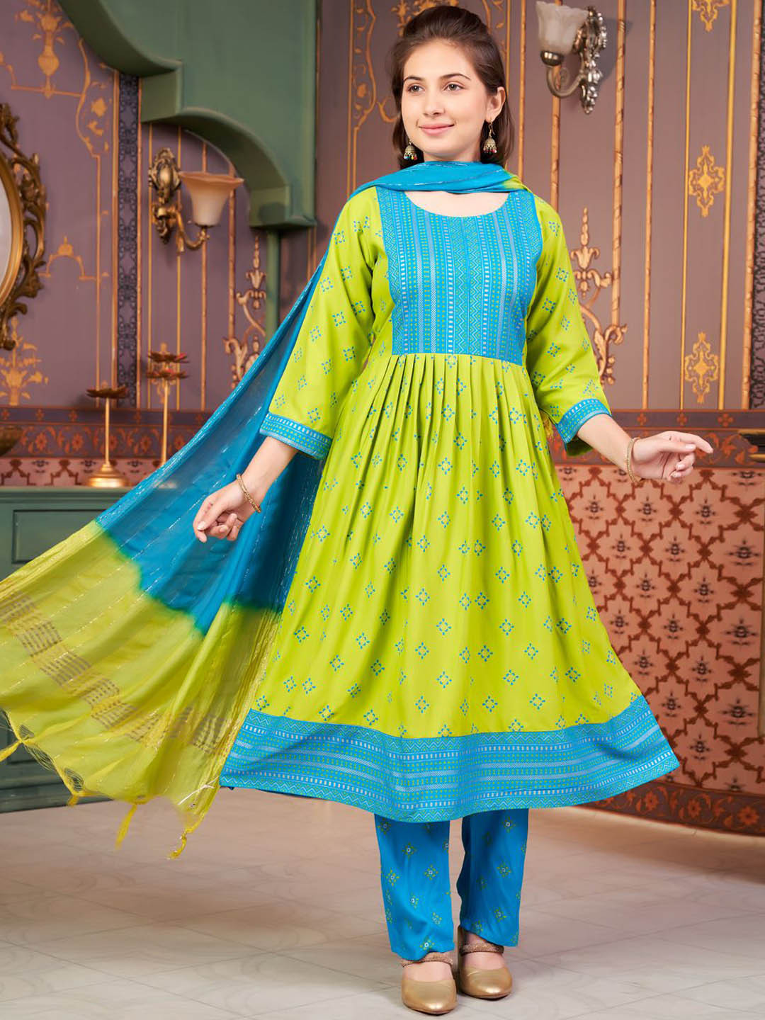 BAESD Girls Floral Printed Round Neck Foil Print Anarkali Kurta