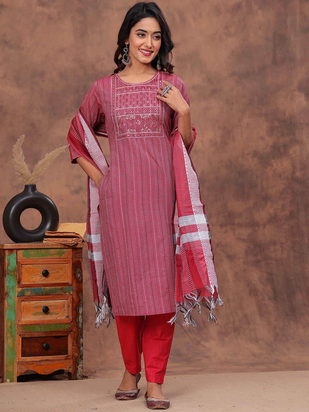 HEARTLOOM Geometric Woven Design Sequinned Pure Cotton Kurta With Trousers & Dupatta
