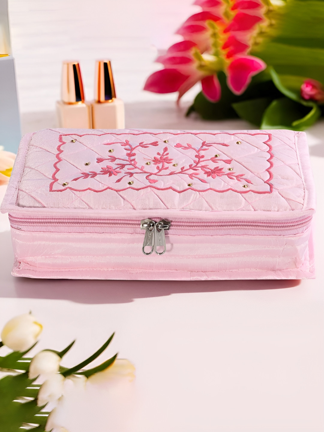 Aura Pink and Red Regular Embroidered 7-Compartments Jewellery Organiser