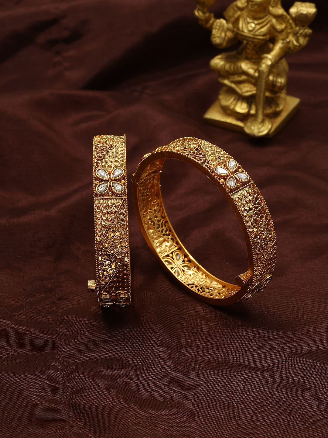 Exotic India Set Of 2 Gold-Plated Floral Design Artificial Stone Studded Openable Bangles