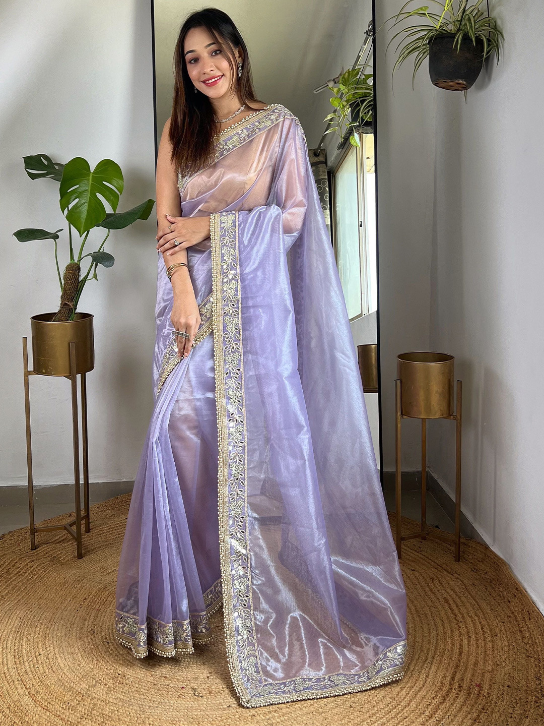 Vintro Embroider Mirror Work Tissue Saree