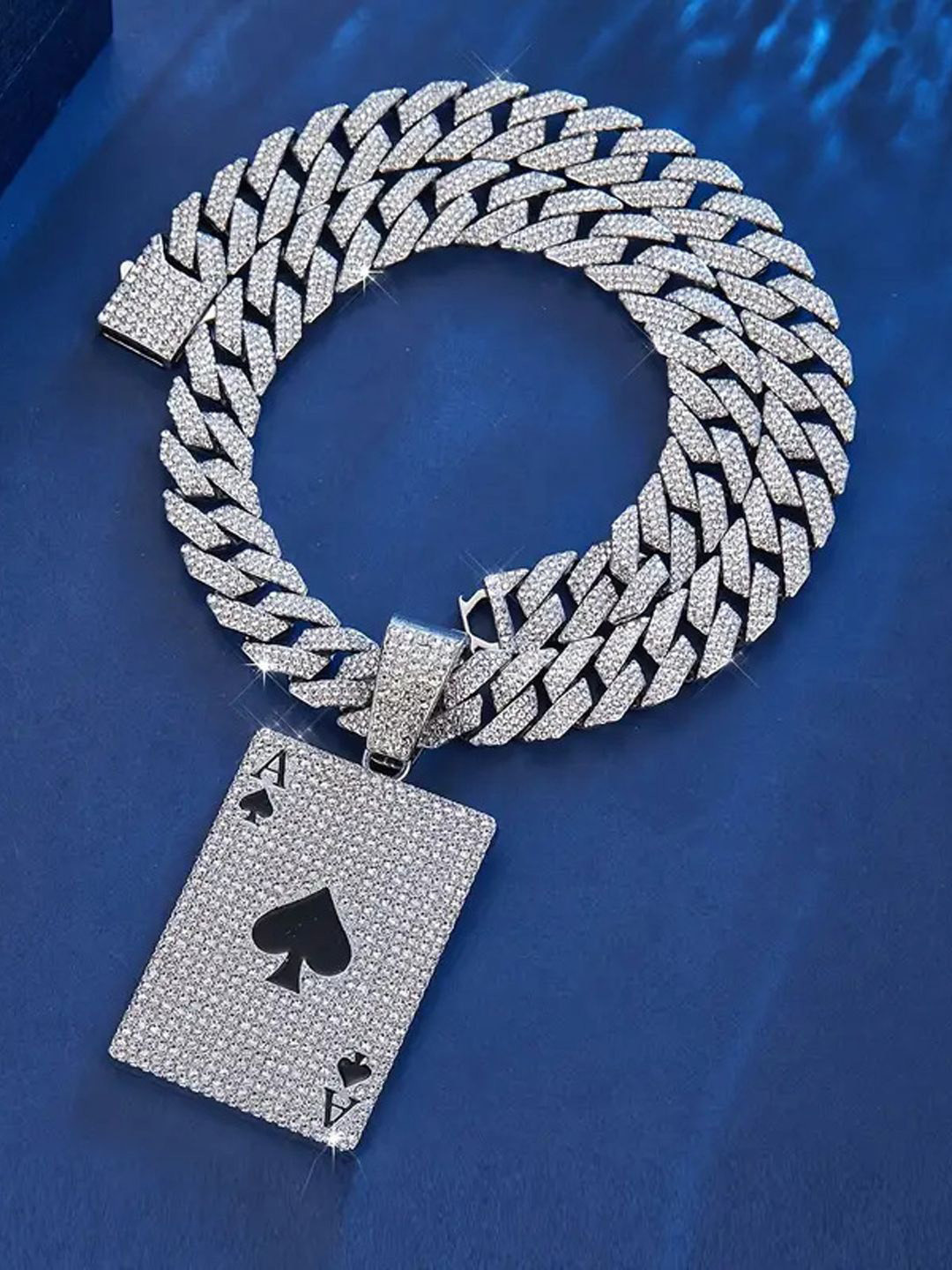 VAGHBHATT Men Silver-Plated Stainless Steel Crystal Studded Playing Card Pendant & Chain