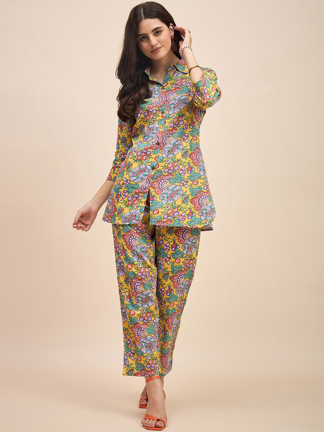 Floral Printed Shirt Collar Tunic with Trousers