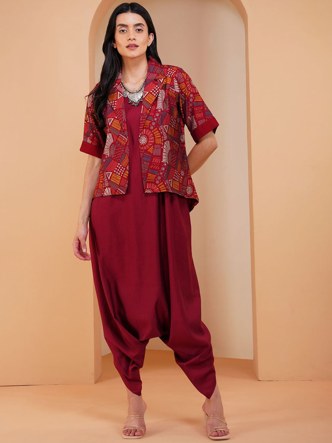 Stitchinc Women Achkan Nirvaana Red - XS Shoulder Straps Culotte Jumpsuit With Jacket