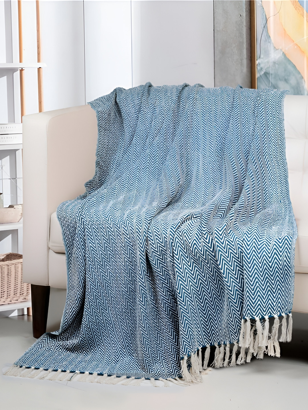 HOMADORN Teal Blue & White Woven Pure Cotton Cozy & Soft Throws