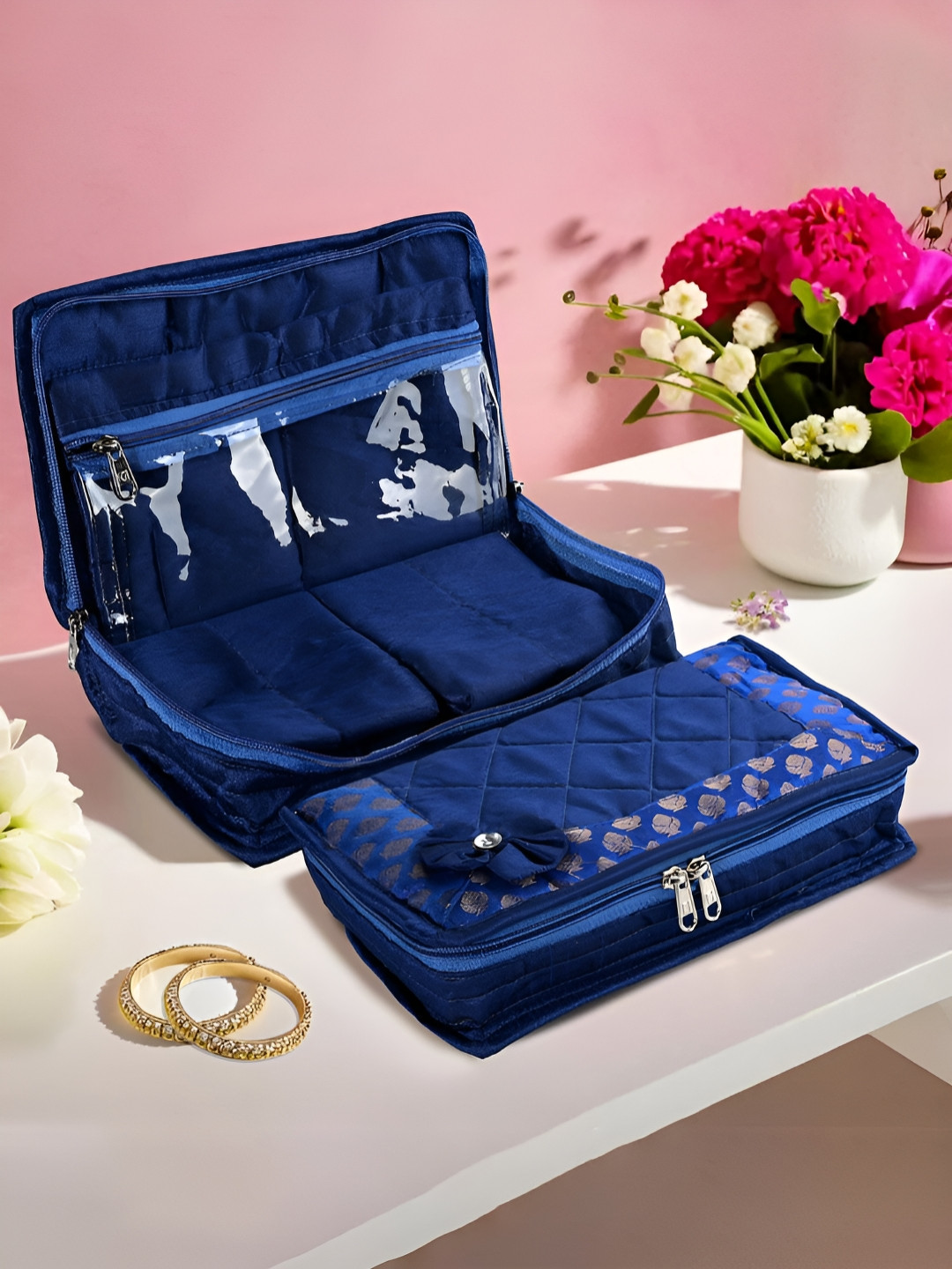 Aura Blue and Gold-Toned 2 Pieces Floral Printed Jewellery Organisers
