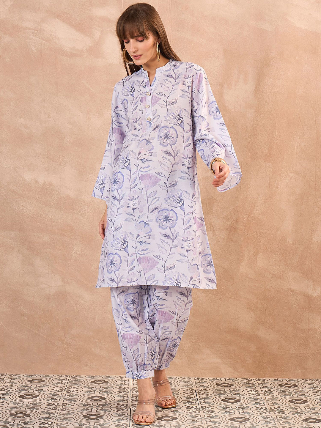 all about you Floral Printed Mandarin Collar Linen Straight Kurta With Salwar