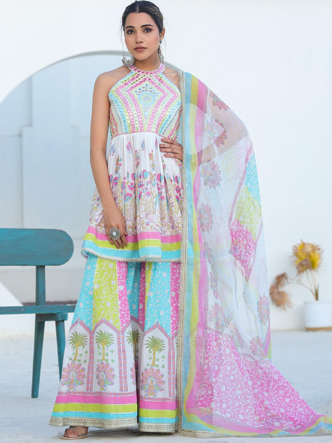 AUTUMN LANE Tridhara Rainbow Floral Printed Cotton A-Line Kurta with Sharara & Dupatta