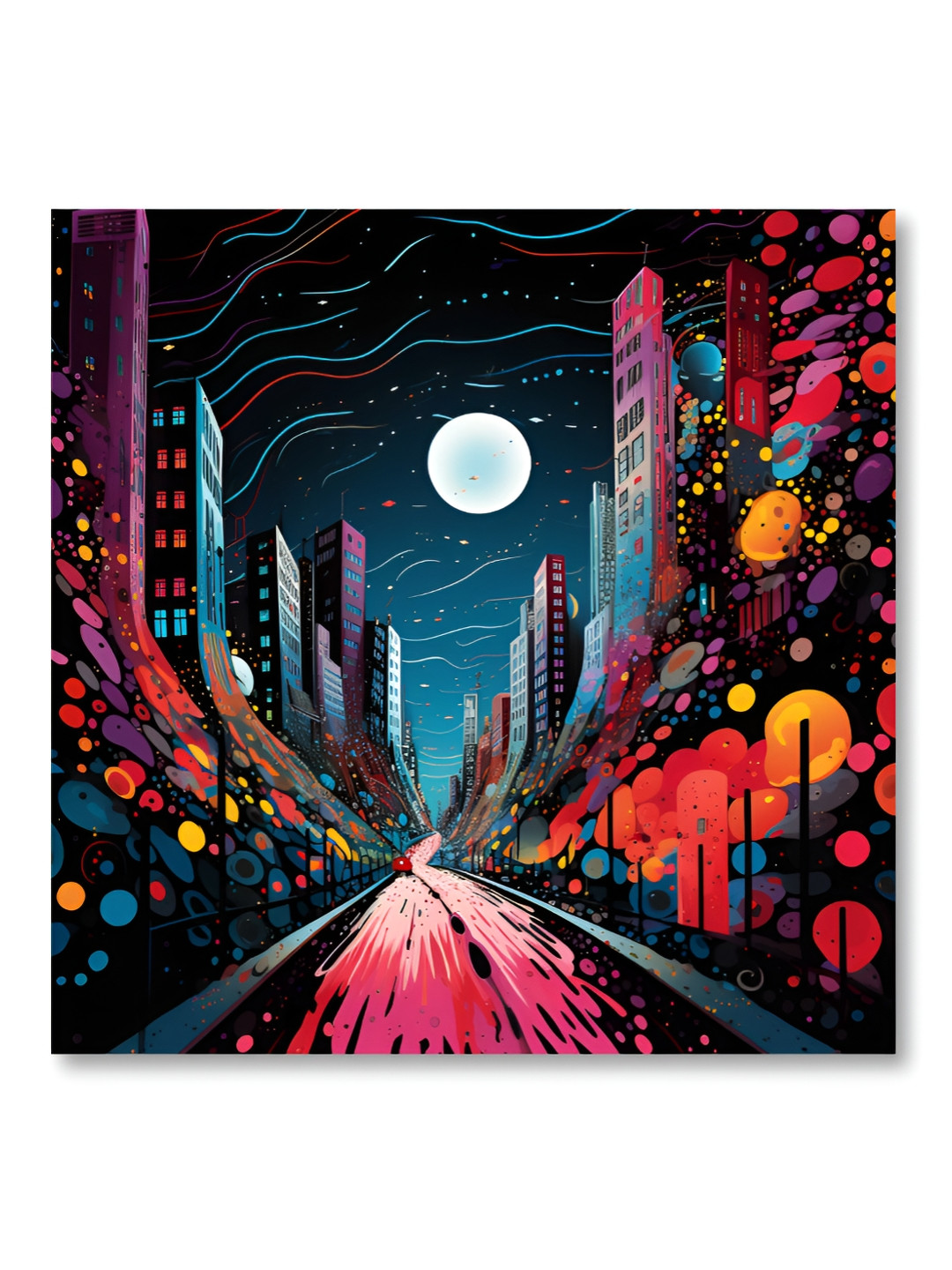 Aura Blue & Pink Street & Moon Printed Canvas Wall Painting