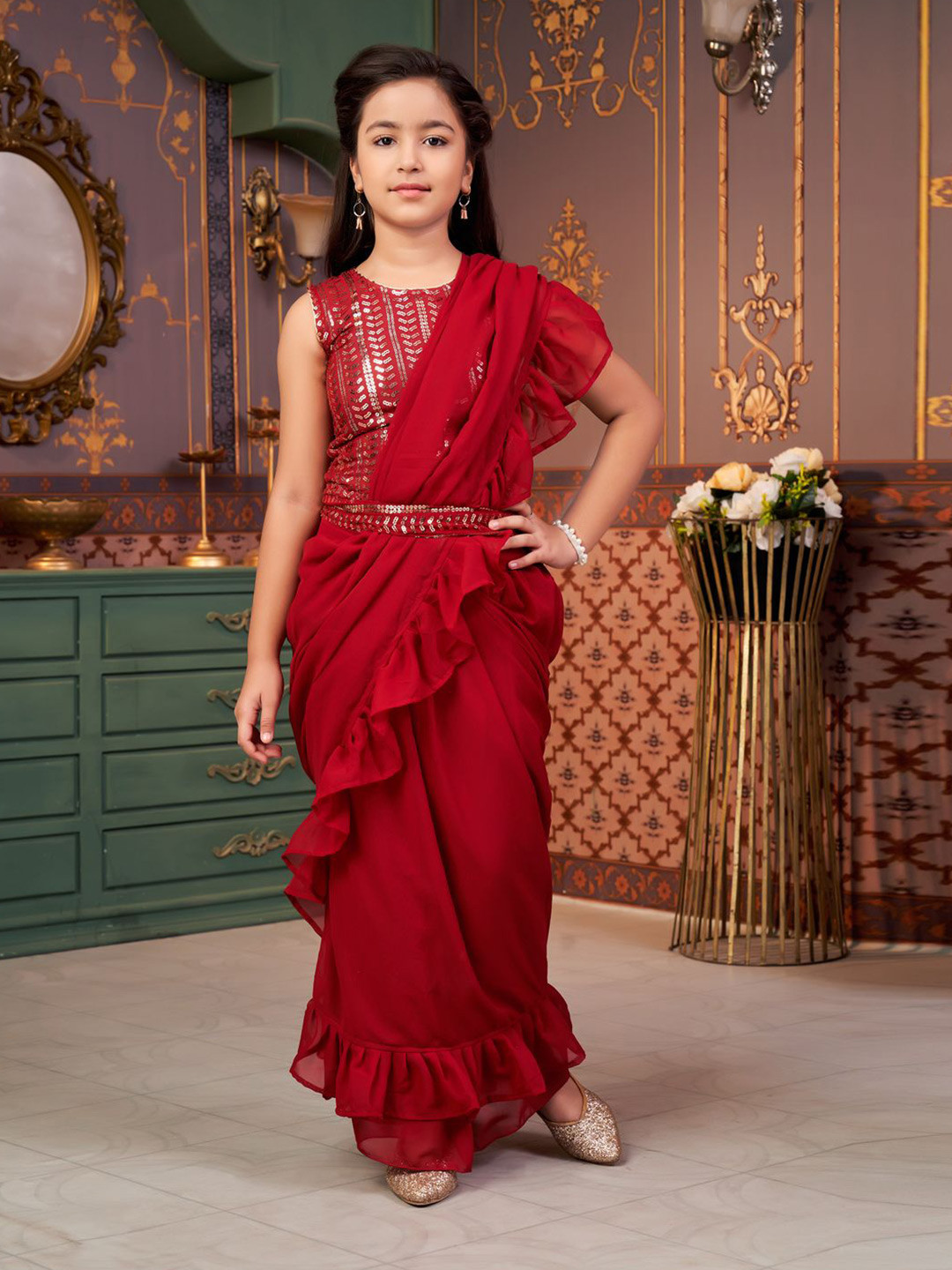 Sangria Pure Georgette Ready to Wear Ruffles Saree With Sequin Blouse