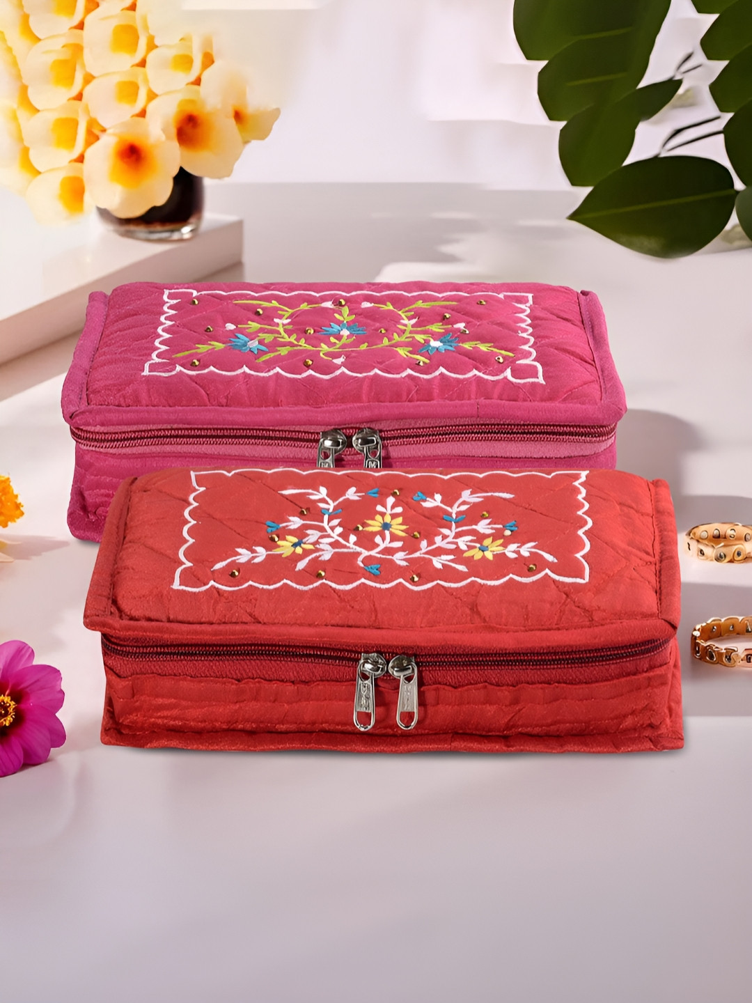 Aura Pink and Red 2 Pieces Embroidered 7-Compartments Jewellery Organisers
