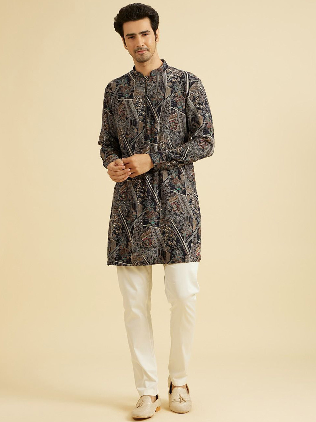Manyavar Woven Design Mandarin Collar Mid Length Kurta