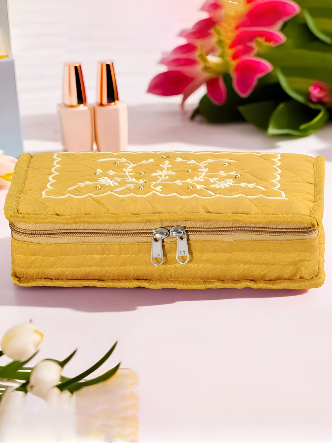 Aura Yellow and White Embroidered 7-Compartments Regular Jewellery Organiser