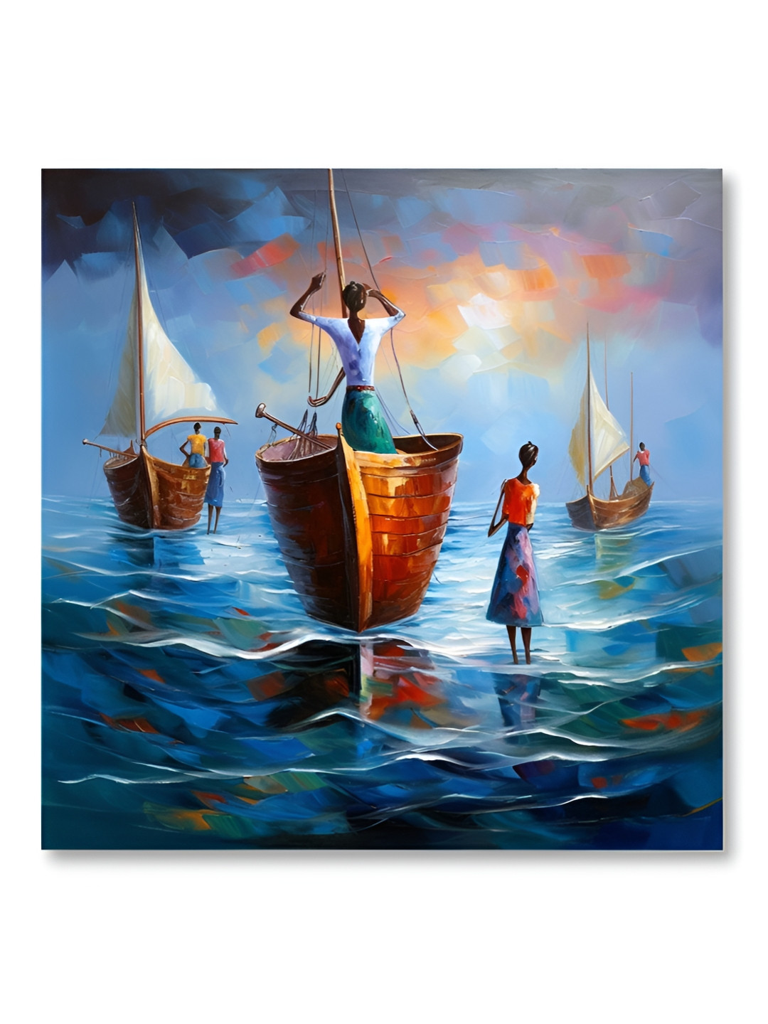 SAF Blue & Brown Boats Canvas Wall Painting