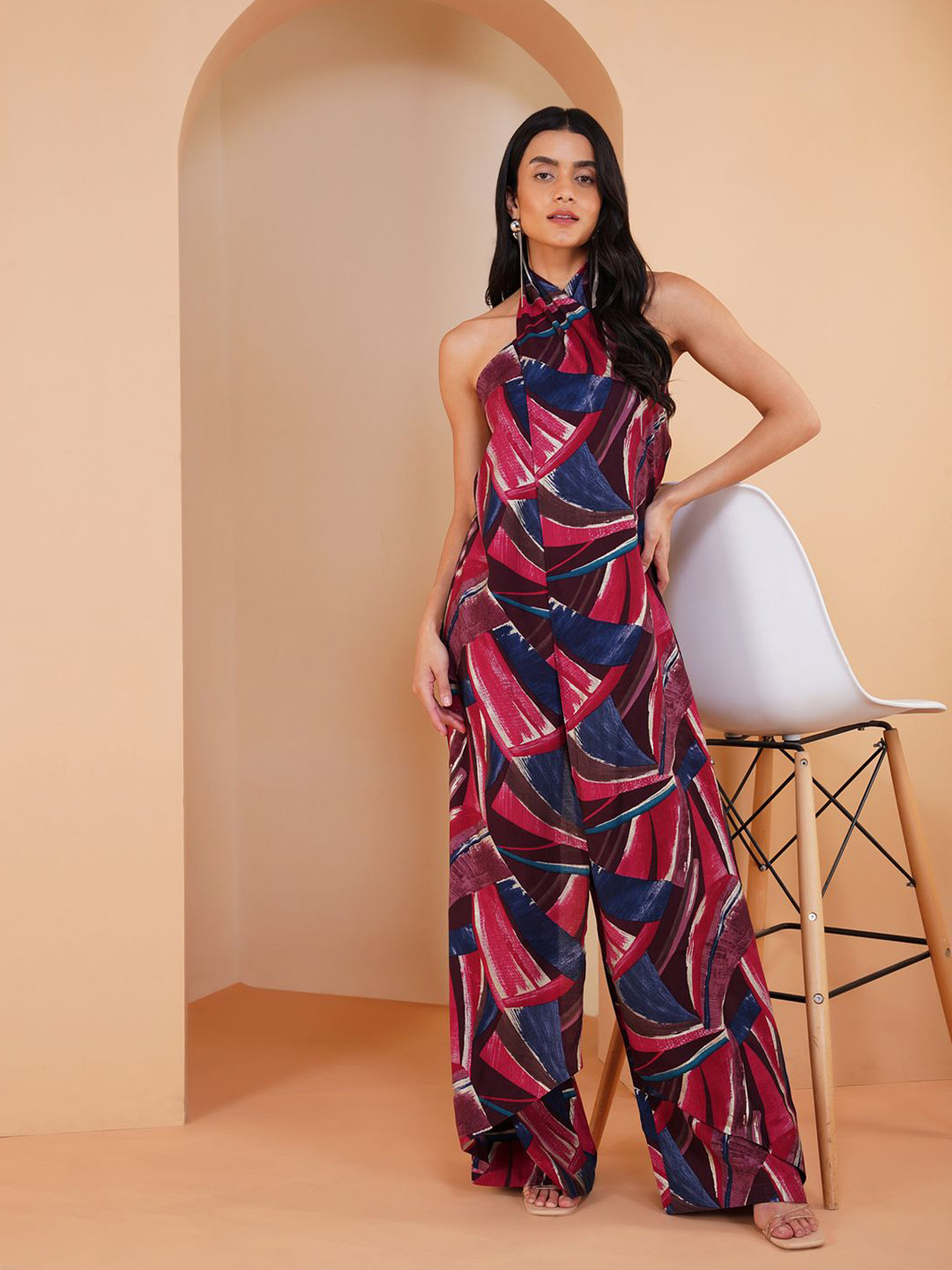 Stitchinc Women Cloak Magenta Pink Halter Neck Printed Basic Jumpsuit XS