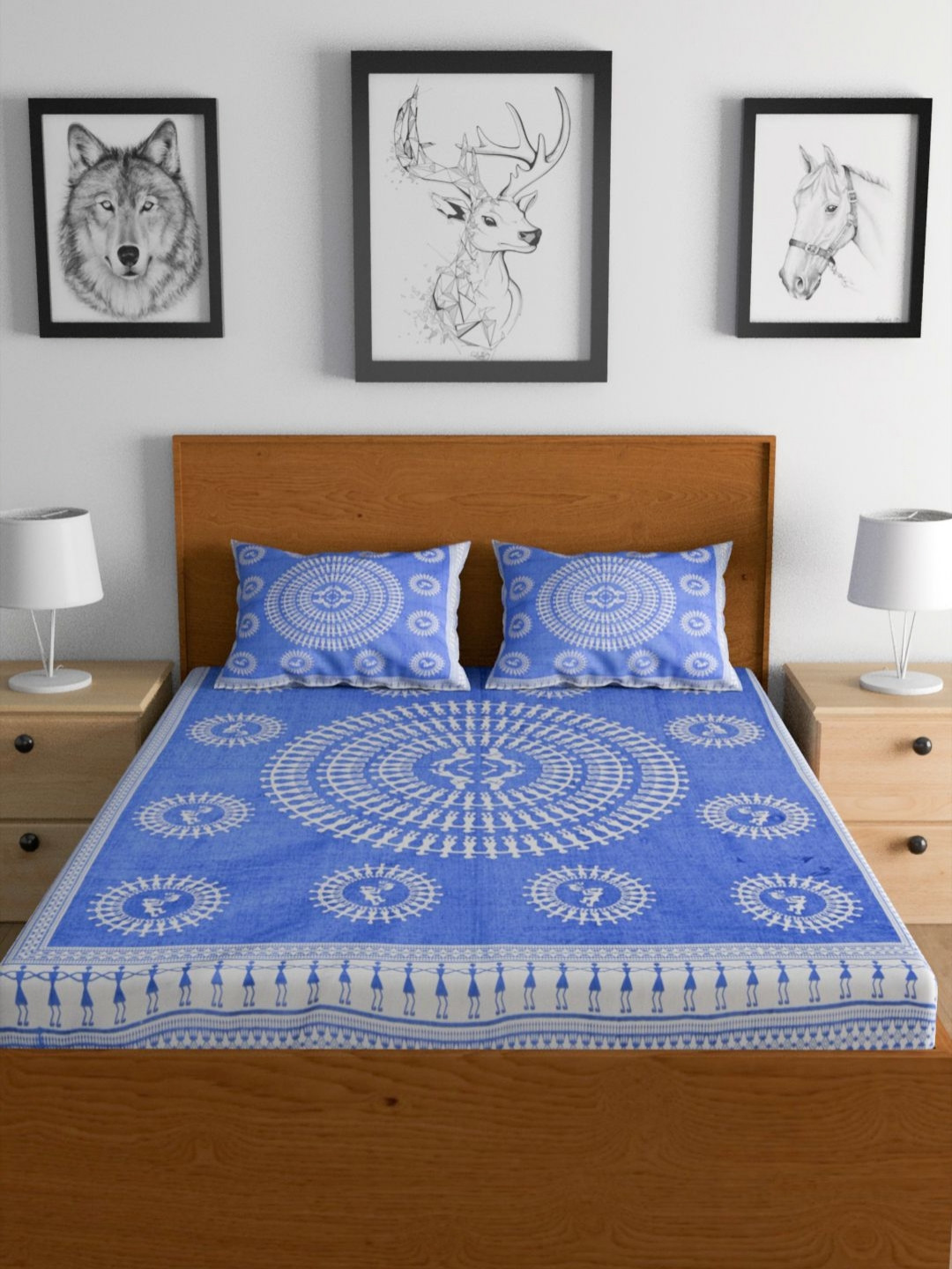 METRO LIVING Blue Ethnic Motifs Cotton 104 TC Queen Bedsheet with 2 Pillow Covers-235 x 210 cm