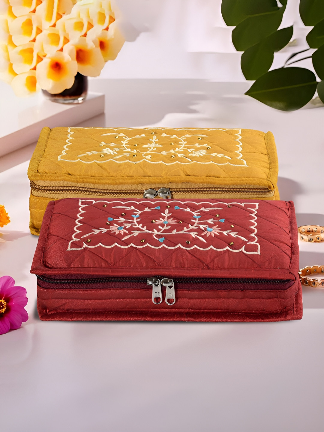 Aura Yellow and Maroon 2 Pieces Embroidered 7-Compartments Jewellery Organisers