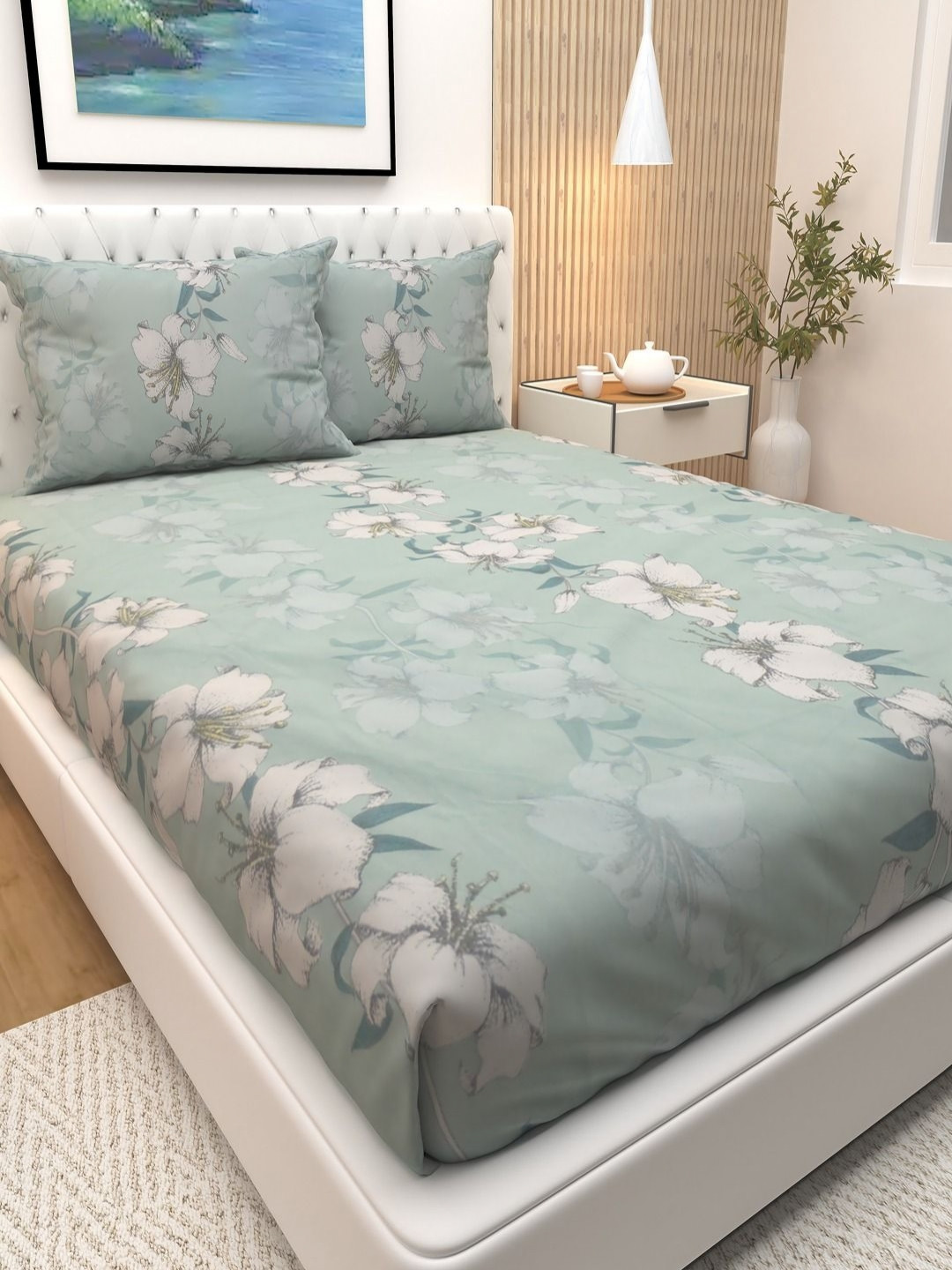 Athom Living Premium Green Floral Cotton 180 TC Queen Bedsheet with 2 Pillow Covers-88 x 96 inches