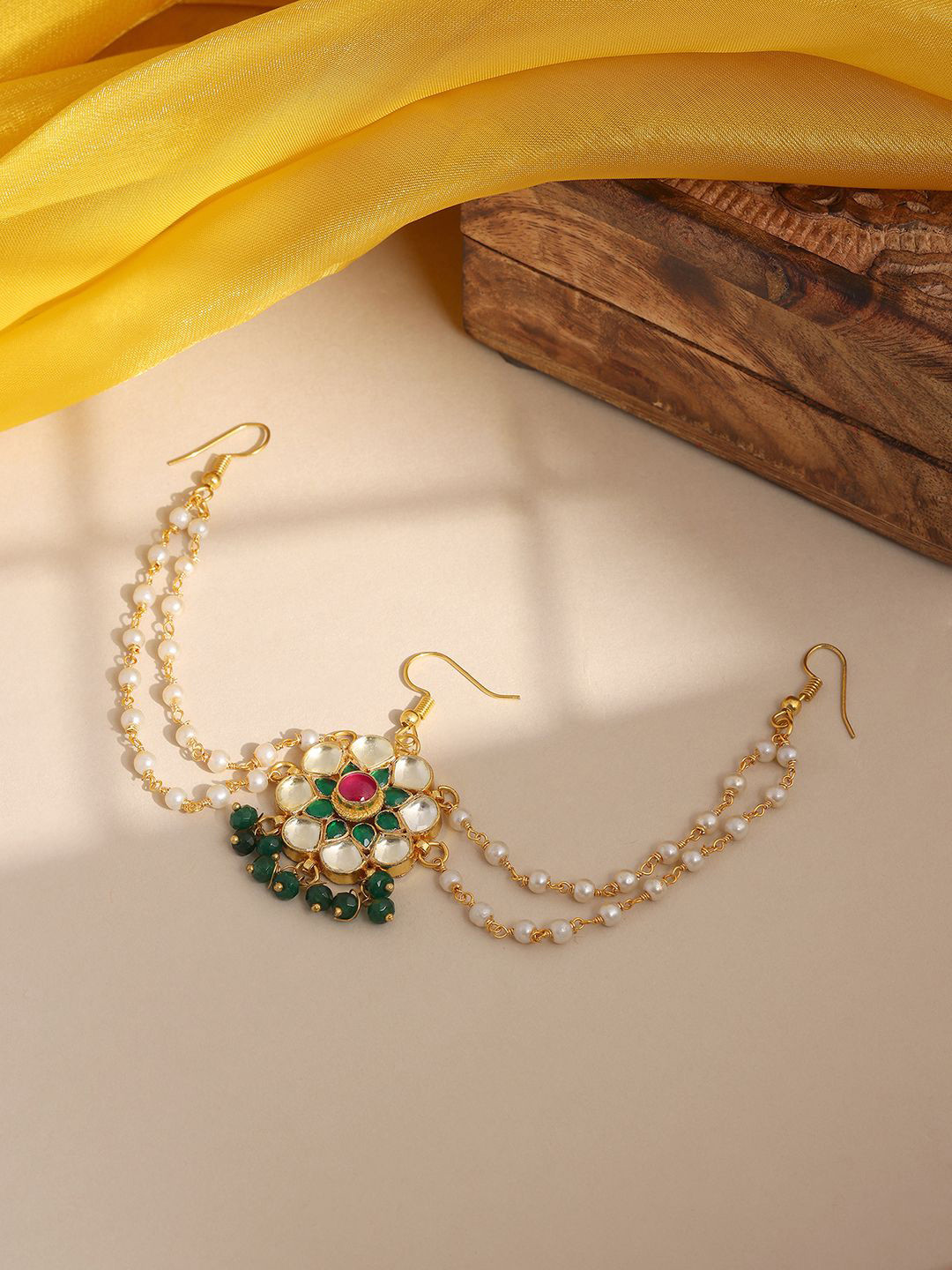 Ruby Raang Girls Gold-Plated Kundan Studded & Pearls Beaded Bun Pin Head Jewellery