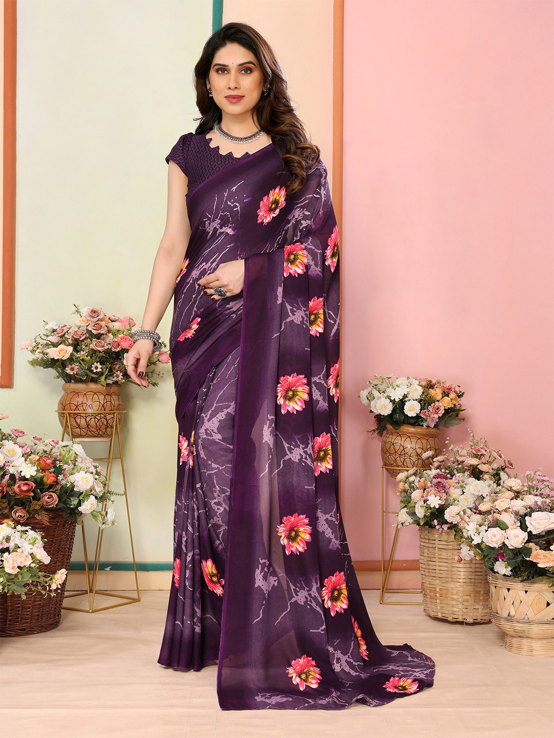 Nirmohi Fashion Floral Printed Daily Saree With Unstitched Blouse Piece