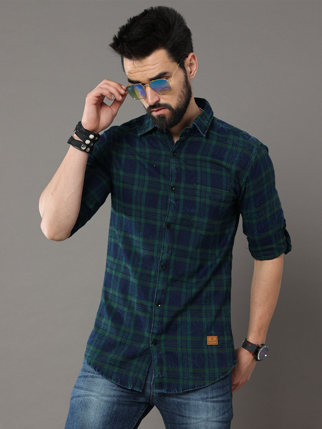 Tallwalker Men Straight Fit Spread Collar Tartan Checked Cotton Casual Shirt