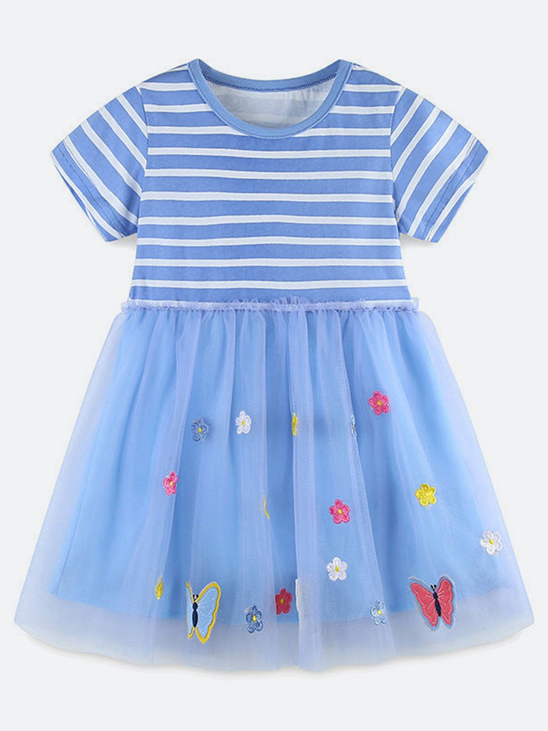 Oh Rare Girls Striped Embroidery Tulle Fit & Flare Dress