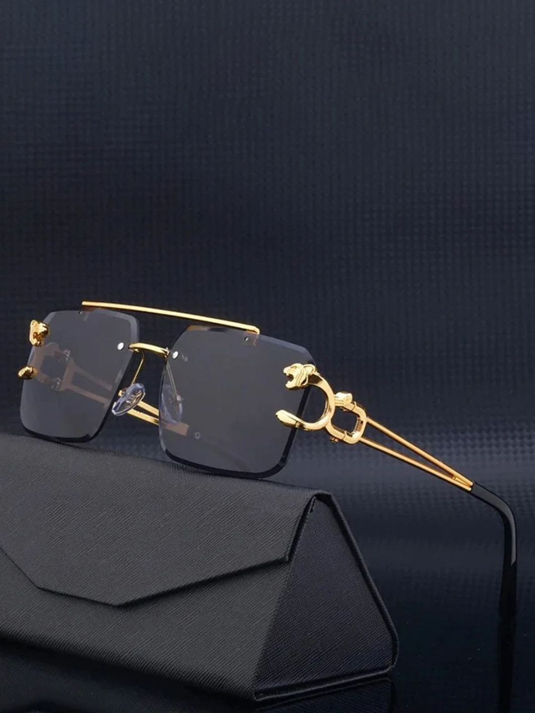 IFLASH Unisex Rectangular Rimless Sunglasses with UV Protected Lens 5823 GOLD BLACK