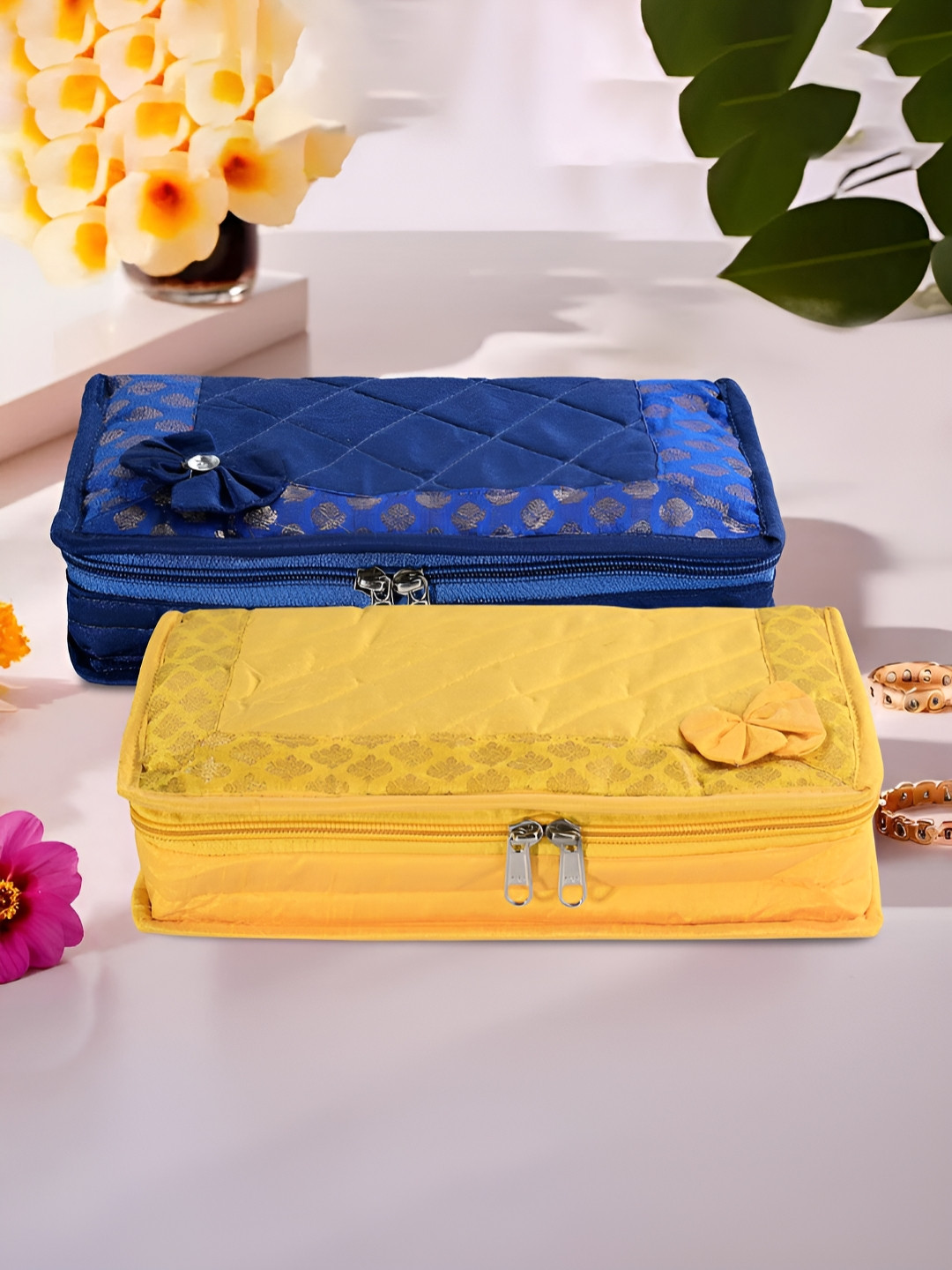 Aura Yellow and Blue 2 Pieces Printed 7-Compartments Bow Jewellery Organisers