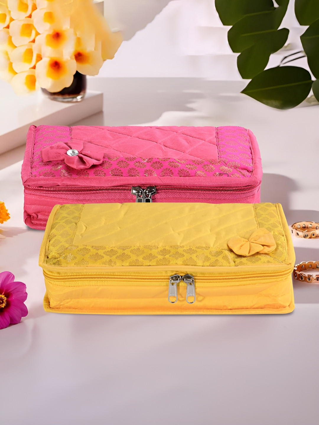 Aura Yellow and Pink 2 Pieces Floral Printed 7-Compartments Jewellery Organisers