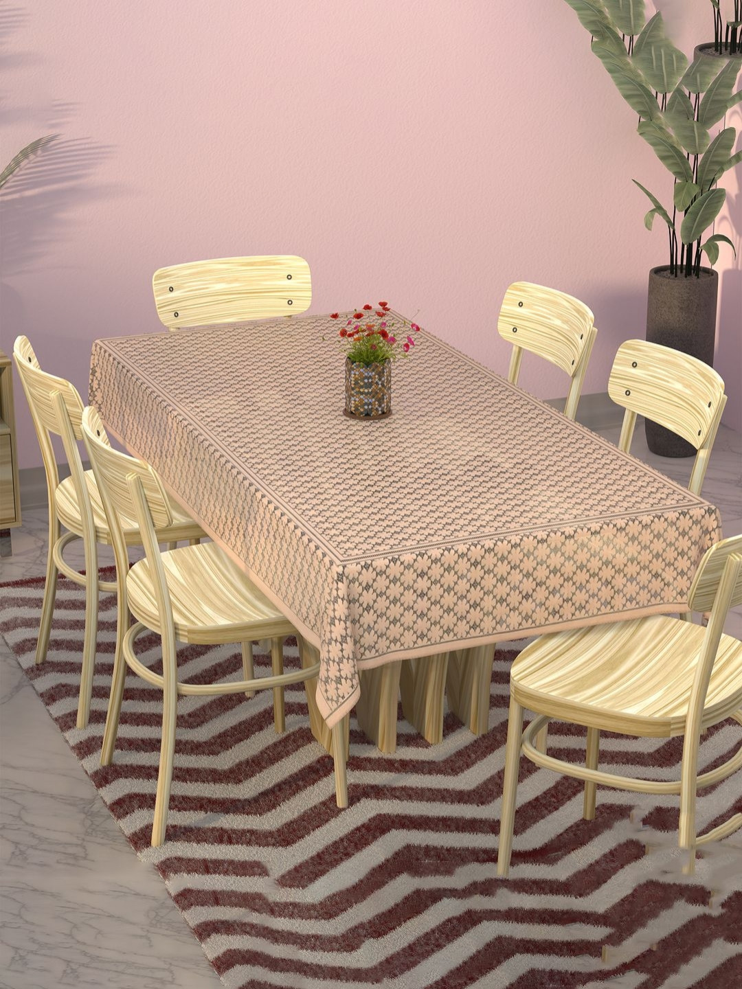 Myntra Elegant Homes Gold-Toned & Peach-Coloured Floral Cotton 6-Seater Table Cover