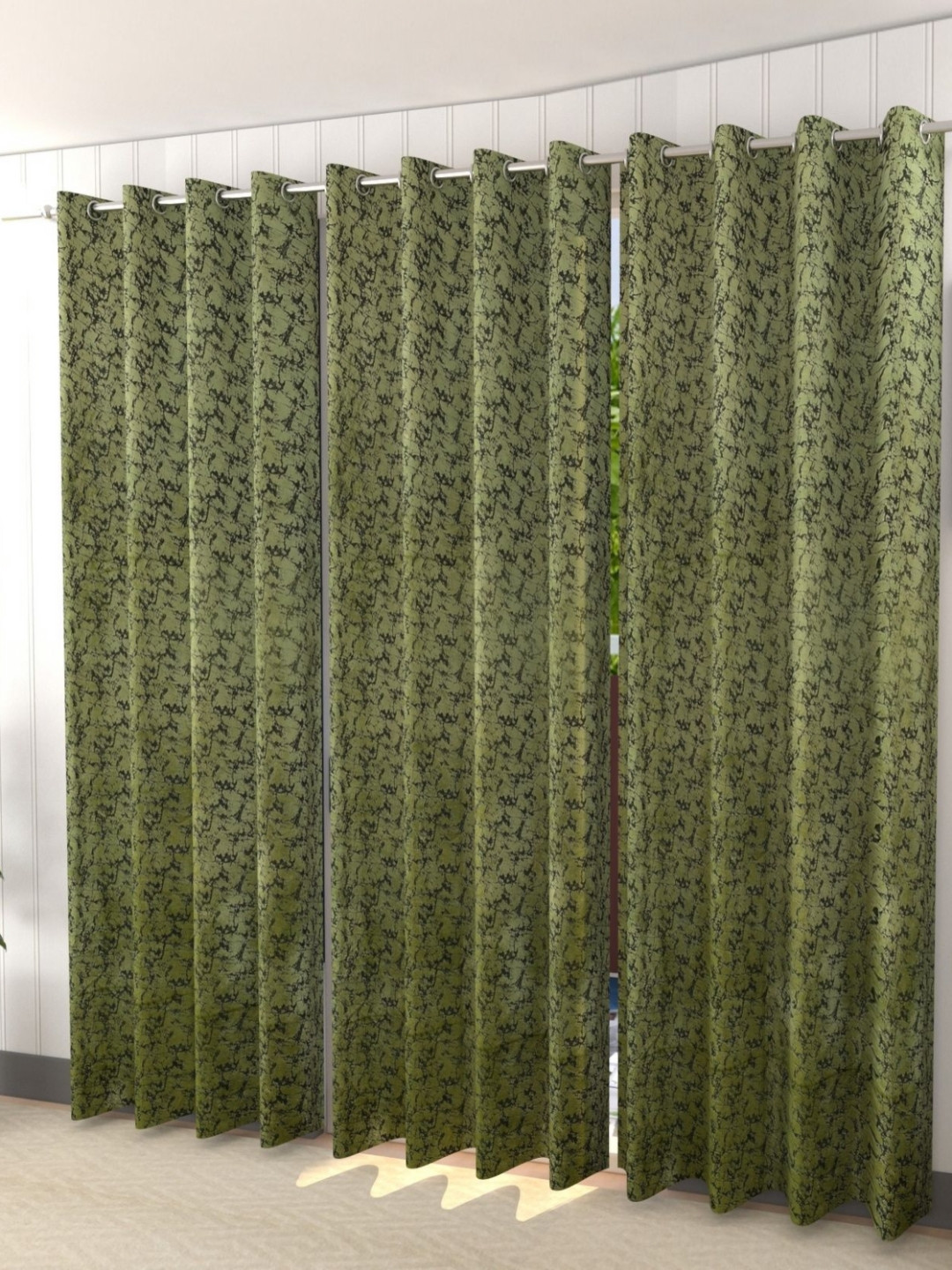 Galaxy Home Decor Green and Black 3 Pieces Abstract Printed Velvet Long Door Curtains