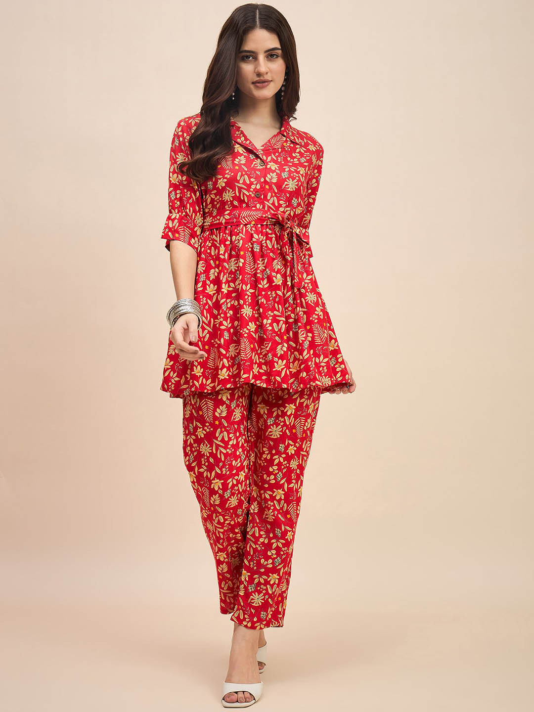 TRUVON FASHIONS Red & Yellow Printed Shirt Collar Tunic with Trousers