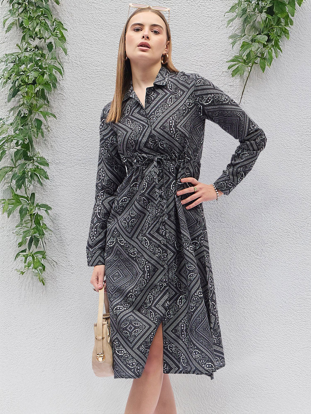 DressBerry Abstract Print Shirt Shape and Collar Cuffed Sleeves Knee Length Tie-Ups Dress