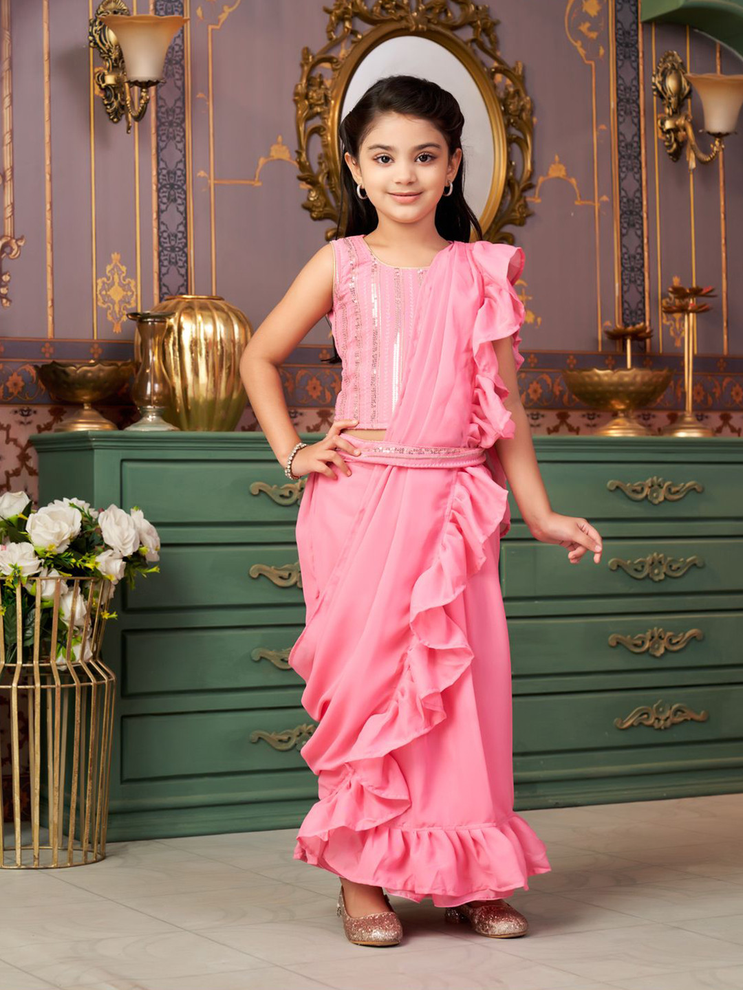 BAESD Girls Embroidered Ready to Wear Draped Saree With Blouse