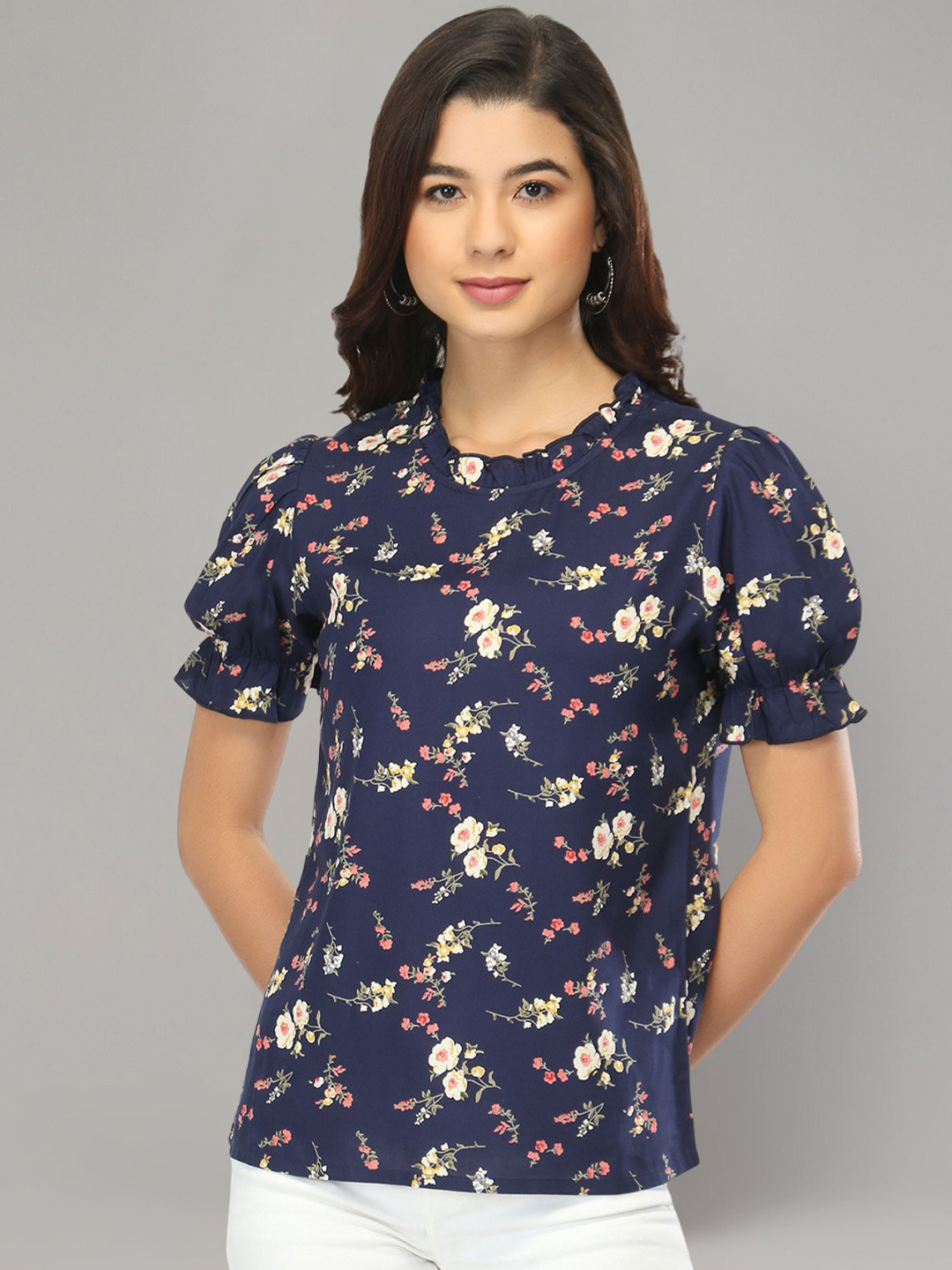 Zuvino Floral Printed Mandarin Collar Puff Sleeve Ruffles Blouson Top